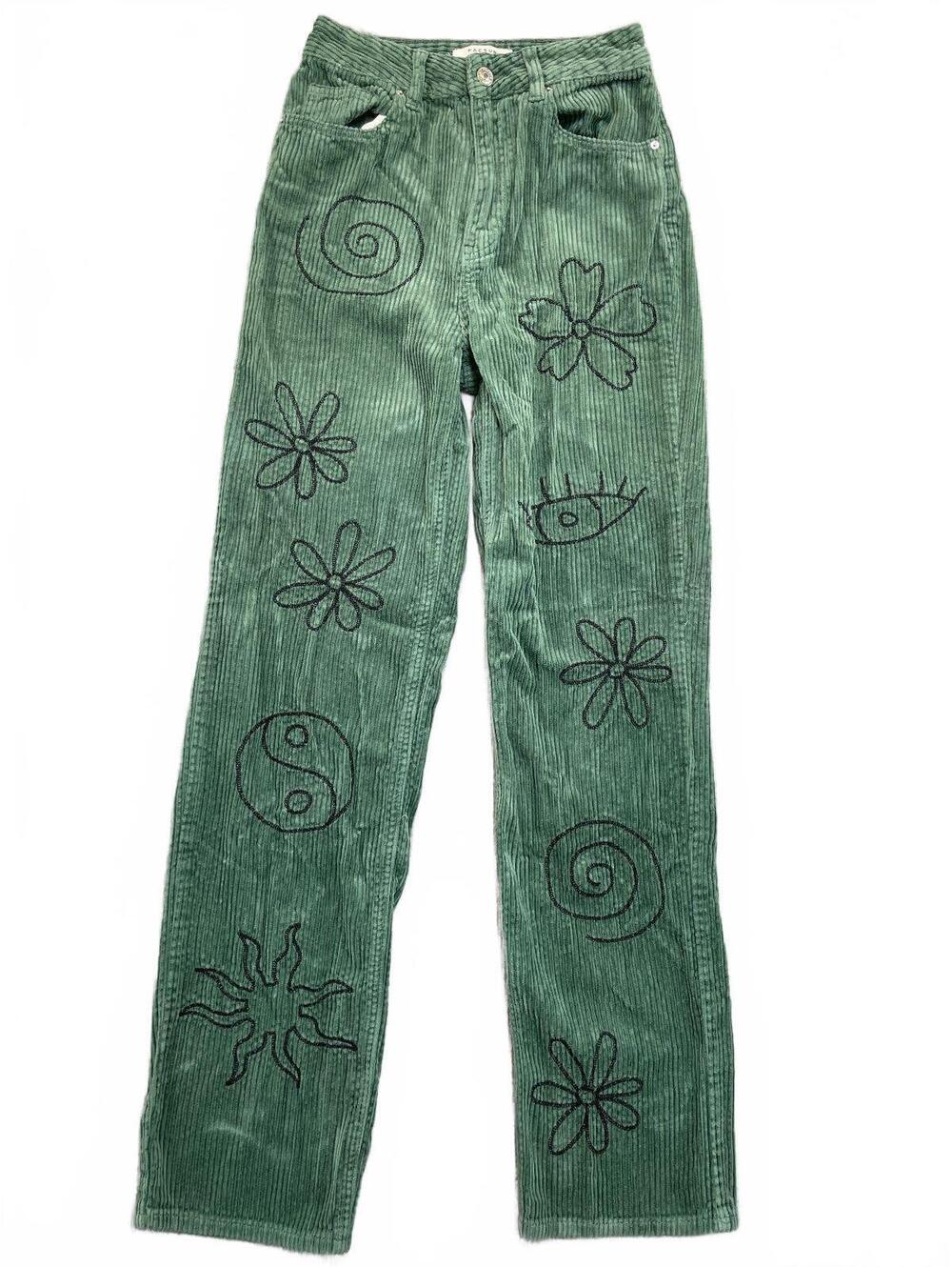 PacSun Corduroy Pants Green Embroidered Flowers Sun Eye Yin Yang Womens Size 26
